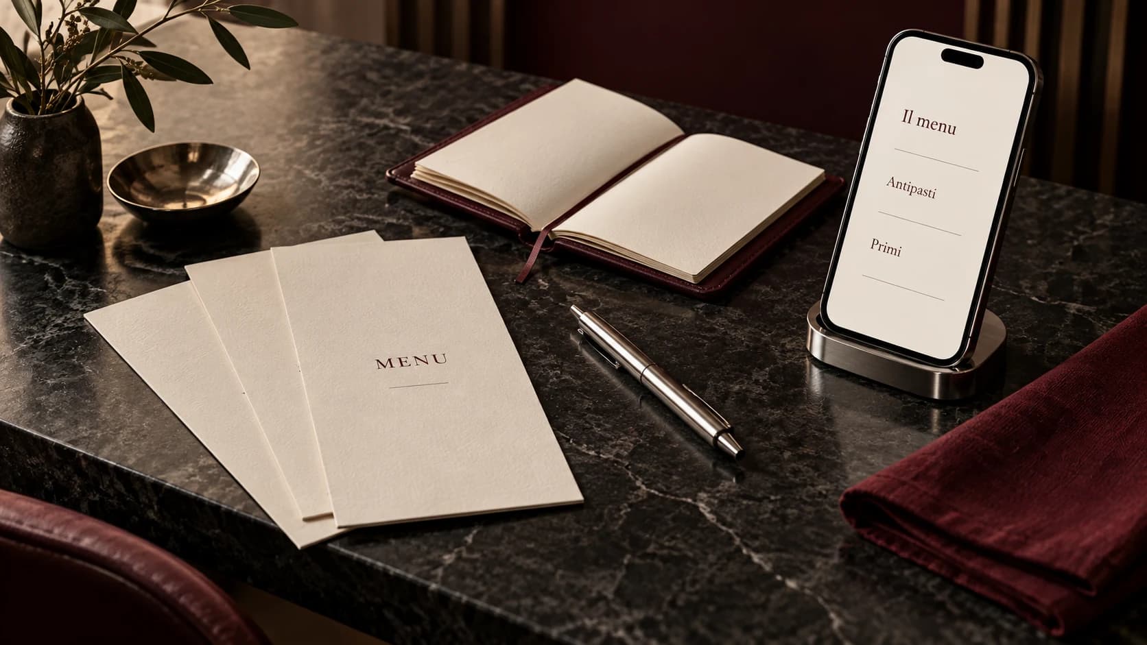 Schede del menu, taccuino e smartphone su un piano scuro: i materiali per gestire gli aggiornamenti